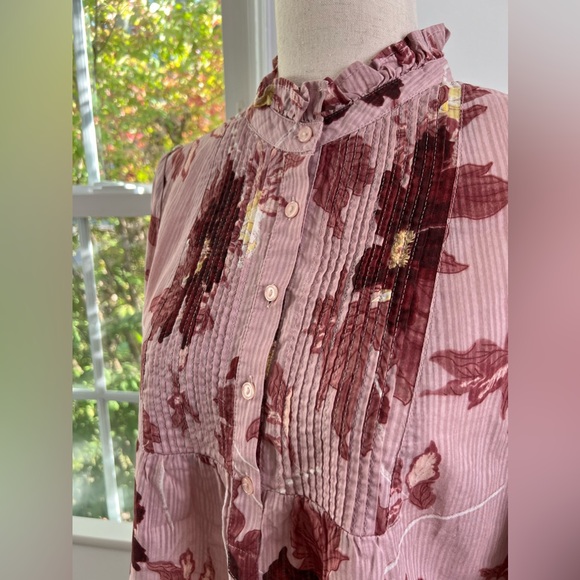 M&S Collection 100% Cotton Pleated Buttoned Front Ruffle Neck Casual Blouse Top - Picture 2 of 14